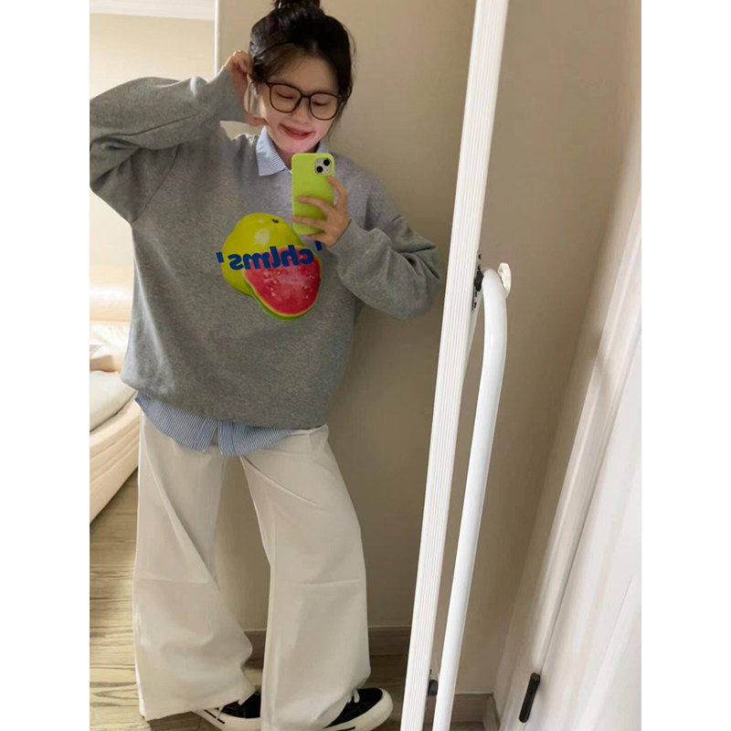 美式复古水果印花圆领卫衣女春秋季2024新款无帽宽松慵懒长袖上衣