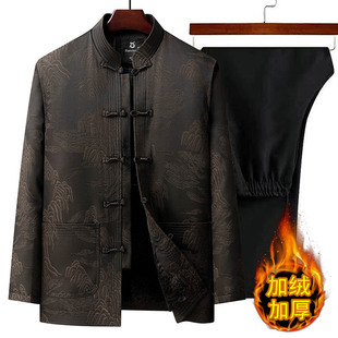 中老年唐装男款秋冬款加绒加厚新中式红色棉衣50岁60岁70爷爷外套