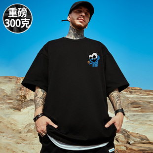 300g美式重磅简约短袖100%纯棉宽松大码男生胖子黑色半袖体恤T恤