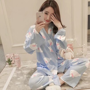 纯棉夏天薄款 家 睡衣女长袖 款 2023年V新款 套装 和服款 春秋季 大尺码