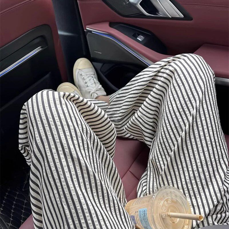 莹尚衣橱慵懒风竖条纹休闲裤女夏季薄款显瘦宽松直筒阔腿山本裤子