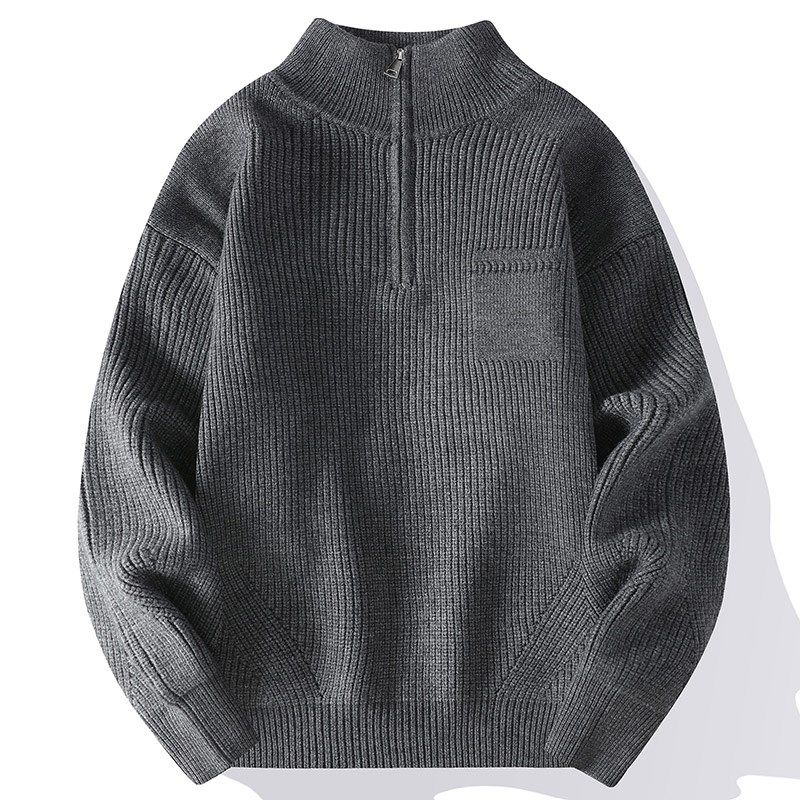 秋季美式拉链领针织衫外套男青年纯色内搭加厚宽松半高领毛衣男款