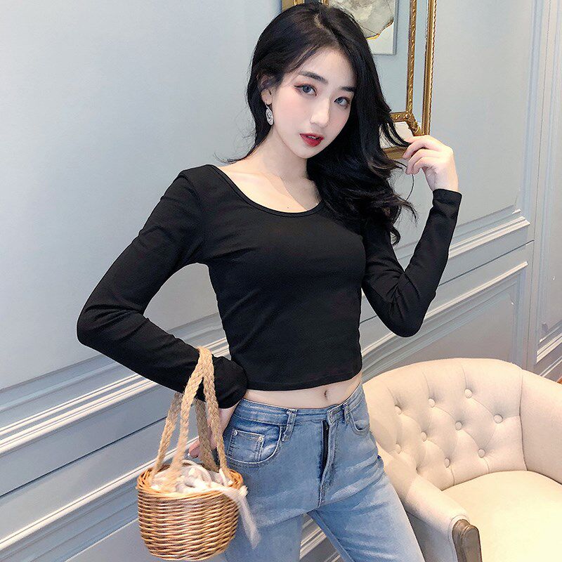 纯棉瑜伽舞蹈练功服U领大圆领口低胸长袖t恤女内搭短款露脐打底衫