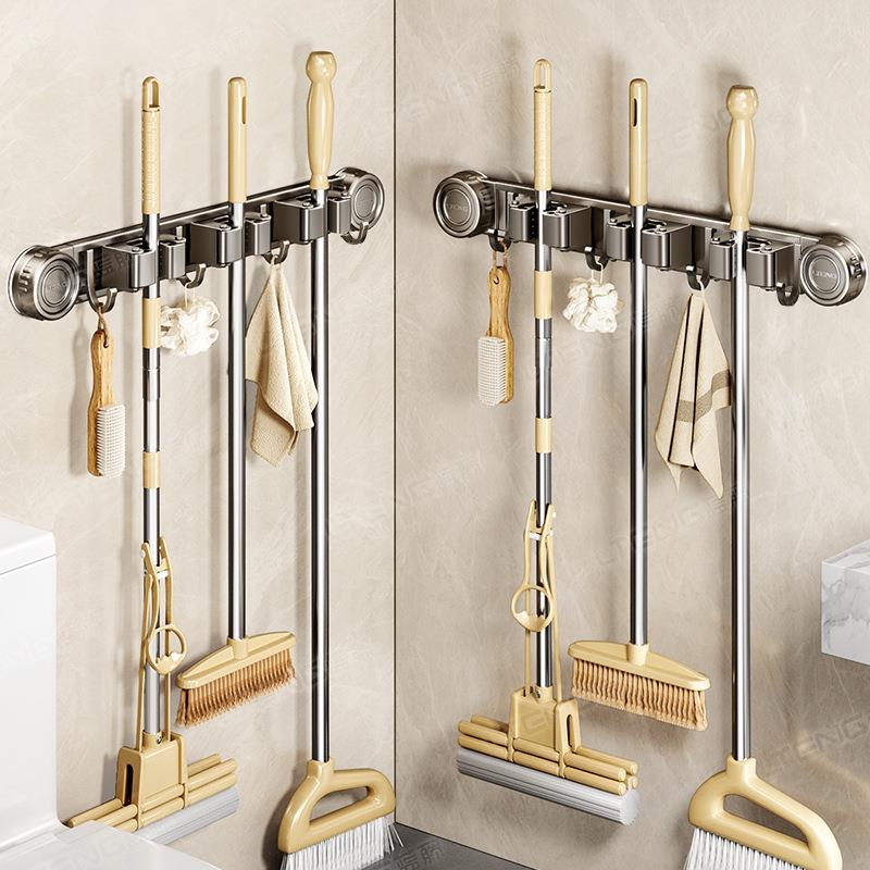 吸盘多功能拖把架卫生间免打孔扫把抹布置物架浴室清洁工具收纳架