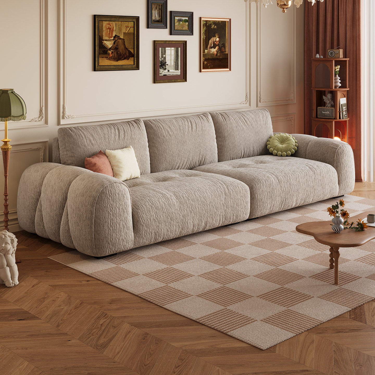 芭丝曼/云岛沙发 法式复古奶油风客厅直排小户型雪尼尔绒布艺沙发,住宅家具,布艺沙发,淘宝优惠券,粉丝福利购,淘宝优惠卷