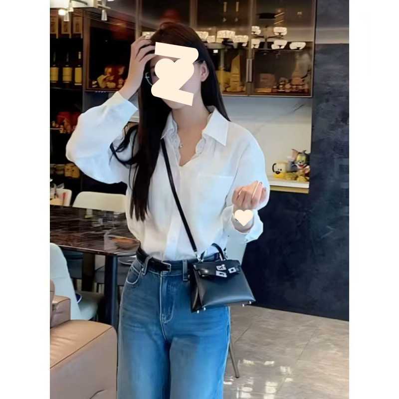 韩系纯欲拼接蕾丝边V领长袖衬衫女春秋季中长款小众别致显瘦上衣