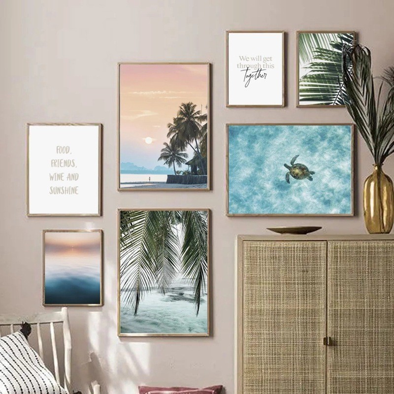 北欧风格海边风景植物海报走廊玄关装饰无框挂画喷印帆布画画芯图片