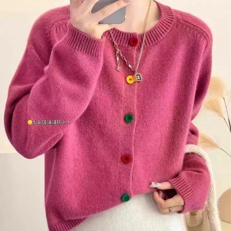 法式彩扣毛衣开衫外套女春秋冬圆领内搭短款上衣软糯小众针织衫