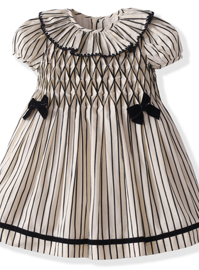 three sailors女童手工打揽连衣裙条纹短袖日常裙子纯棉夏季英伦