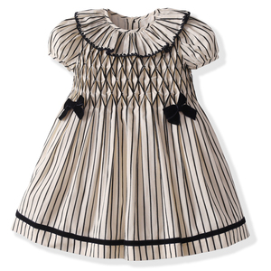 three sailors女童手工打揽连衣裙条纹短袖日常裙子纯棉夏季英伦