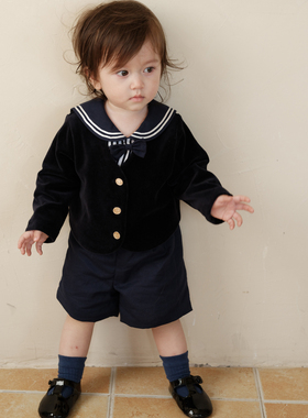 three sailors男童女宝进口加厚天鹅绒英伦小外套帅气可爱外出服