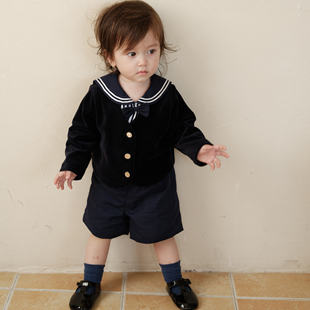 three sailors男童女宝进口加厚天鹅绒英伦小外套帅气可爱外出服