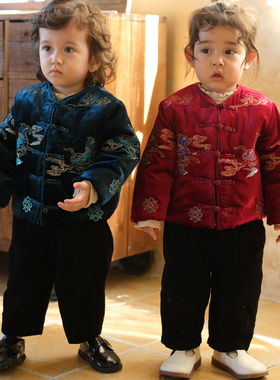 three sailors男女宝加厚进口丝绒重工绣花中式拜年服夹棉外套冬