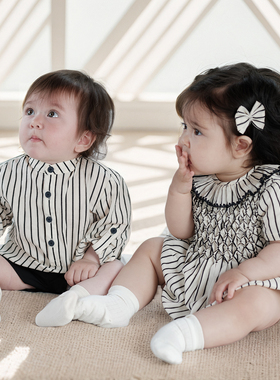 three sailors英伦风男女宝哈衣夏季短袖手工打揽婴幼儿纯棉爬服