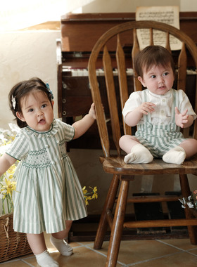 three sailors兄妹装女童条纹手工打揽连衣裙纯棉短袖英伦裙子夏