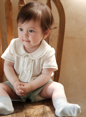 three sailors男童0-3周岁生日英伦礼服娃娃领上衣+短裤夏季套装