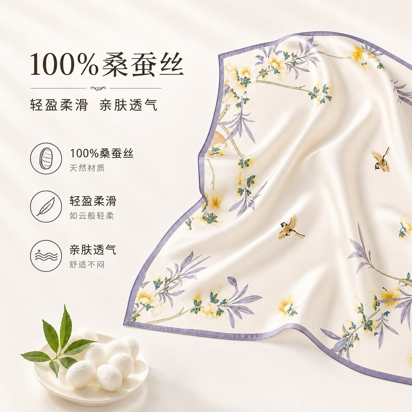 送人100%桑蚕丝花卉印花方巾礼盒