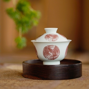 二亭釉里红团凤内绘二才盖碗景德镇瓷器纯手工陶瓷茶具茶杯送礼