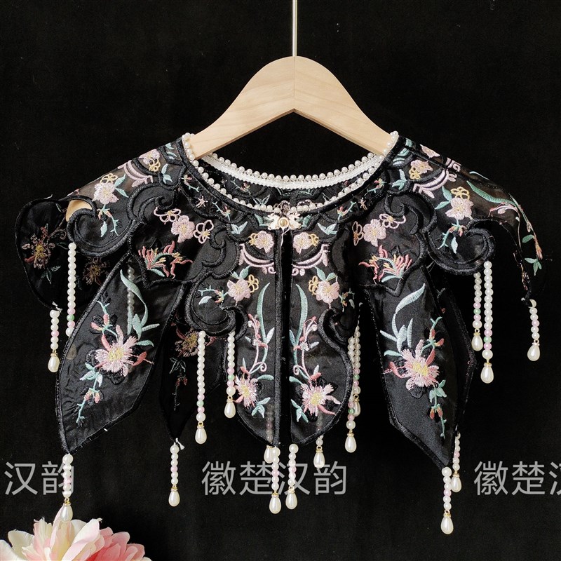 白色花精品珍珠领围明制云肩汉服刺绣百搭重工披肩绣花徽楚汉韵