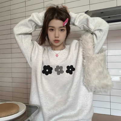 白灰色圆领卫衣女2026新款秋冬季加绒加厚宽松无帽美式慵懒风上衣