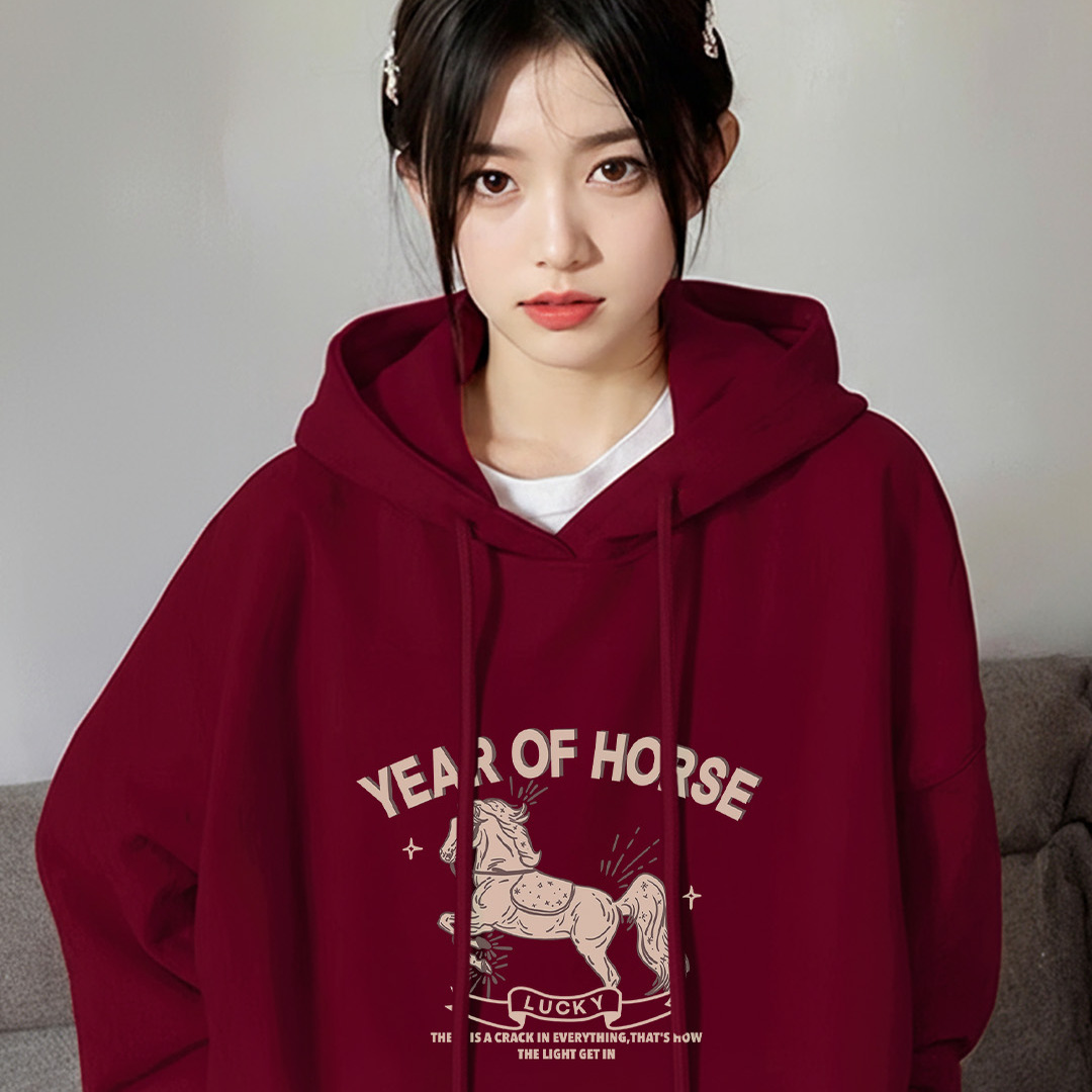 连帽卫衣女2026新款本命年马年酒红色外套加绒加厚宽松慵懒风上衣