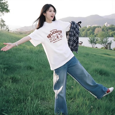 白色纯棉短袖t恤女2025新款夏季宽松慵懒风字母印花美式半袖上衣