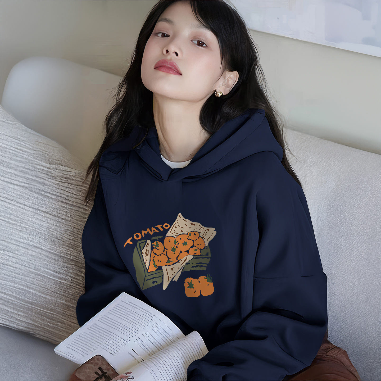 藏青色连帽卫衣女秋冬加绒加厚韩系宽松外套2025新款美式慵懒上衣