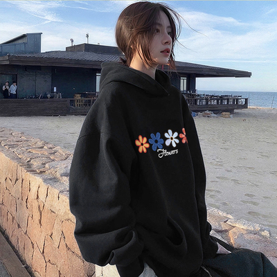 黑色连帽卫衣女2025新款爆款秋冬季加绒加厚韩系宽松外套纯棉上衣