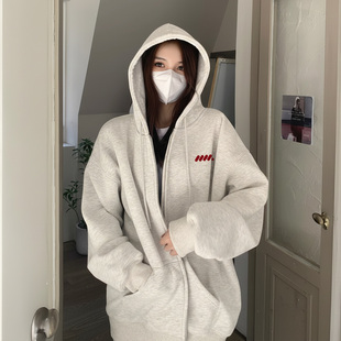 白灰色连帽卫衣女2025新款秋冬加绒加厚开衫外套美式高街宽松上衣
