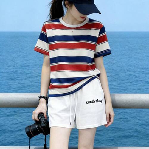 运动休闲套装女2026夏季新款复古港风条纹短袖短裤小个子两件套女