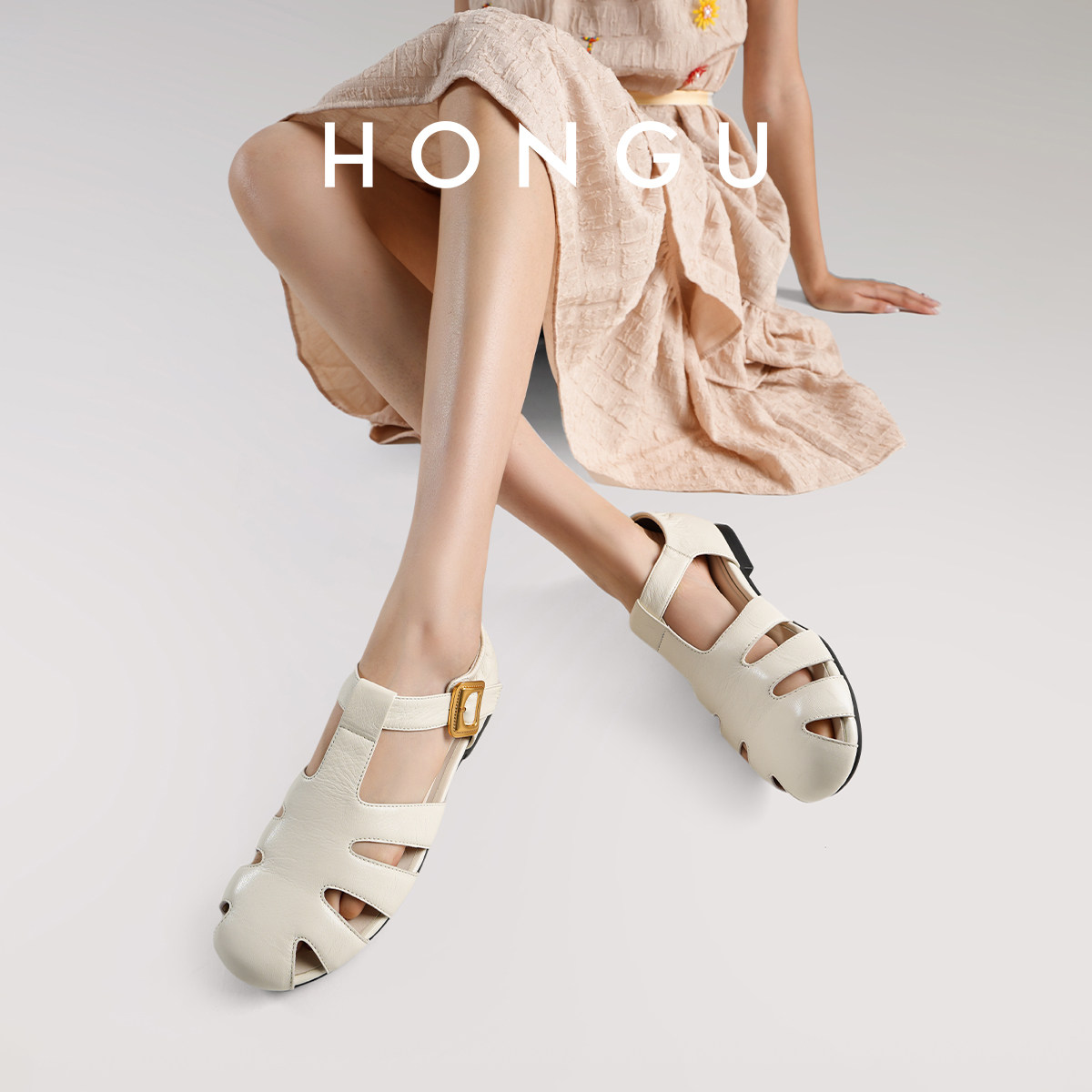 【新品】HONGU法式复古风包头凉鞋女平底镂空玛丽珍鞋夏季仙女鞋