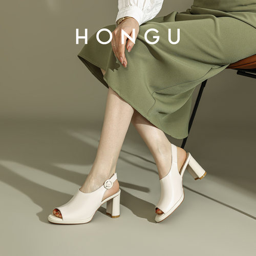 HONGU法式复古方头粗跟女凉鞋