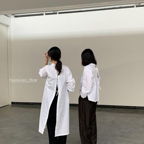 BF慵懒风前后两穿绑带白色衬z衫女港风设计感小众衬衣宽松叠穿大