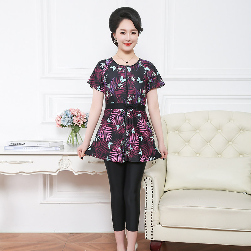 妈妈泳衣中老g年保守大码遮肚显瘦塑身泳衣运动款分体式泡温泉泳