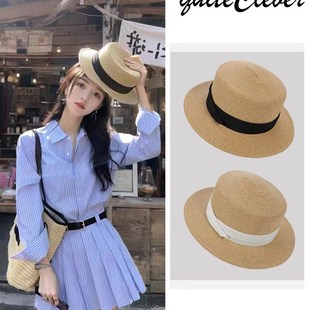 2024新款e法式小头围平顶草帽女网红草编礼帽夏季大帽檐遮阳太阳