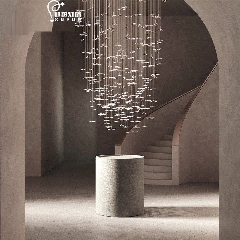 别墅复式楼吊灯客厅灯餐厅挑空楼梯间创意陶瓷金色叶片楼梯长吊灯