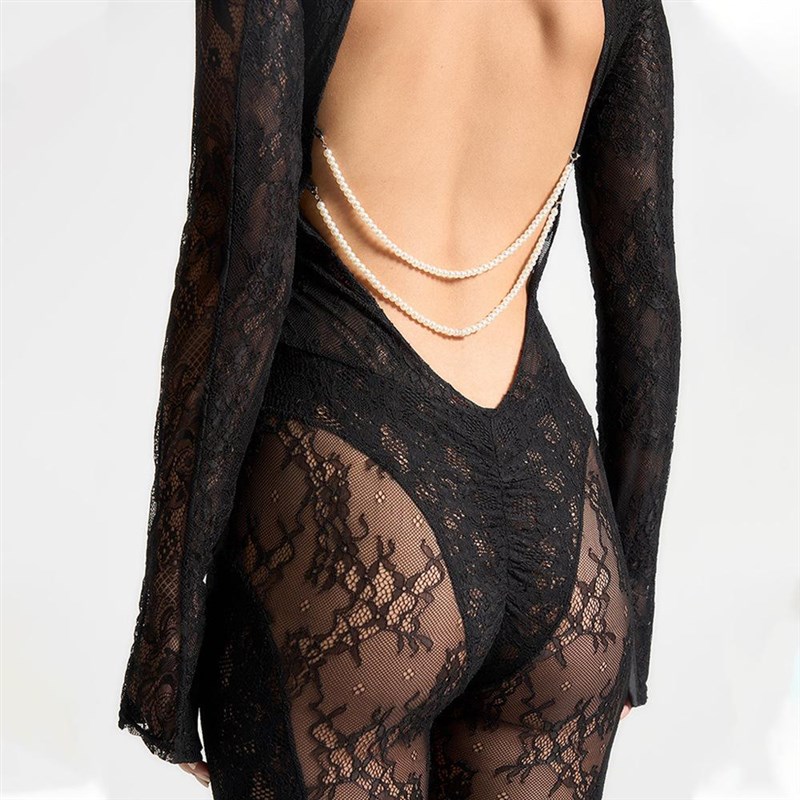 Long sleeved lace see through jumpsuit 长袖蕾X丝透视连体裤女