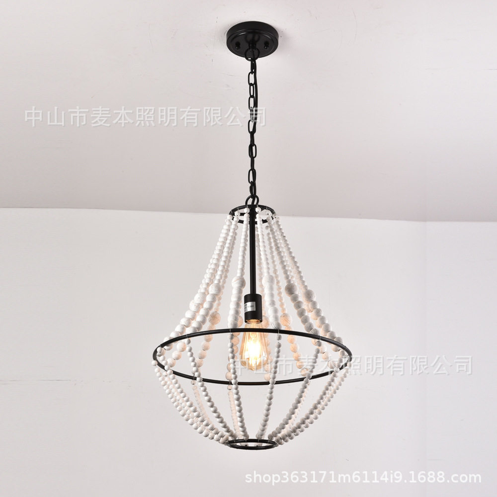 亚马逊跨境批发法式田园复古木珠单头吊灯餐厅卧室阳台楼梯灯具