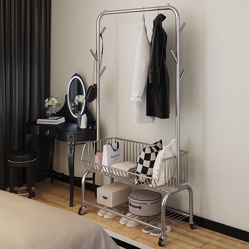 衣架轻奢落地式带轮衣物收纳架多功能移动推车衣帽架收纳筐置物架