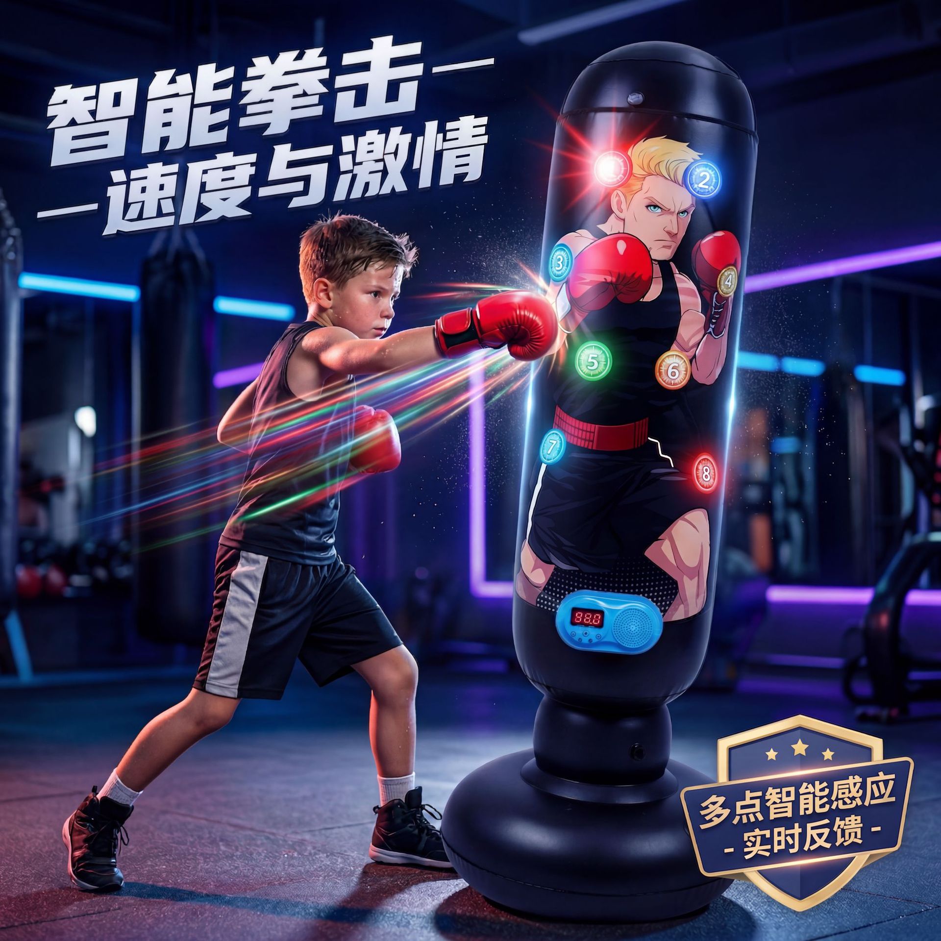 跨境批发儿童拳击打靶拳击沙袋折叠游戏毯带LED 记分灯音乐功能