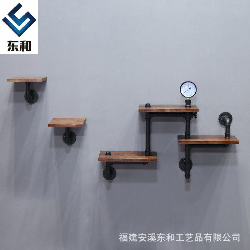 美式复古工业风水管置物架铁艺实木壁挂搁板装饰客厅书架厂供