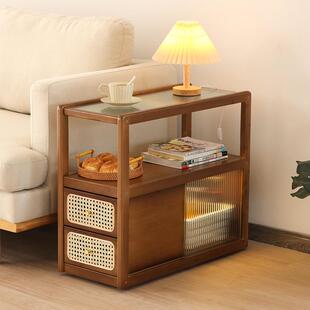 日式玻璃可移动边几藤编沙发边柜侧边柜客厅胡桃木小茶几角几新款