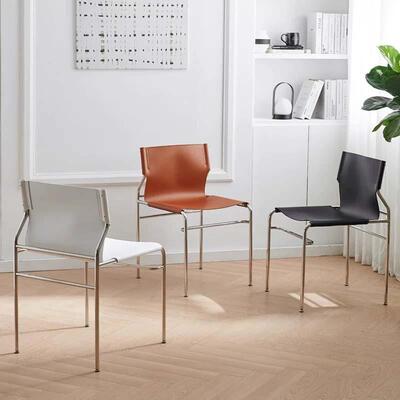 极简马鞍皮不锈钢靠背家用餐桌椅中式复古化妆洽谈书桌轻奢餐椅子