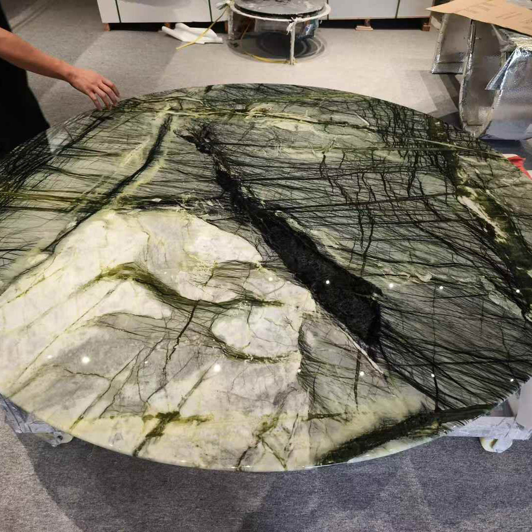 马尔斯绿奢石餐桌面茶几圆形大理石橱柜面轻奢石材装修
