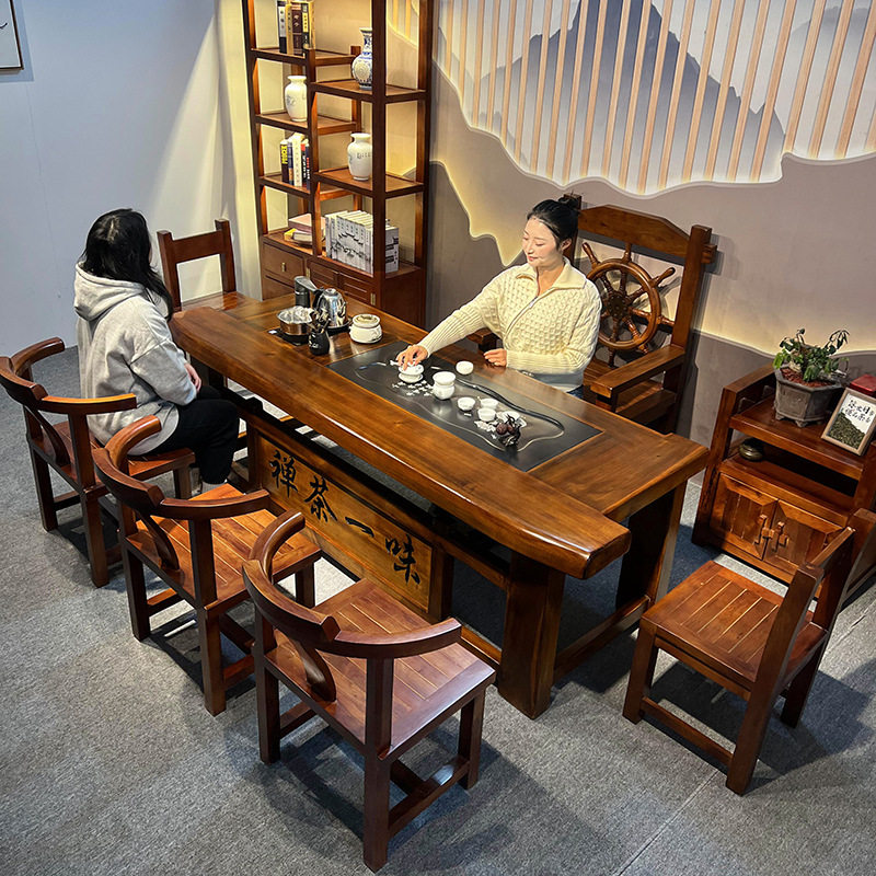 老船木实木茶桌椅组合一桌五椅茶几茶台一体泡茶桌办公室全实木