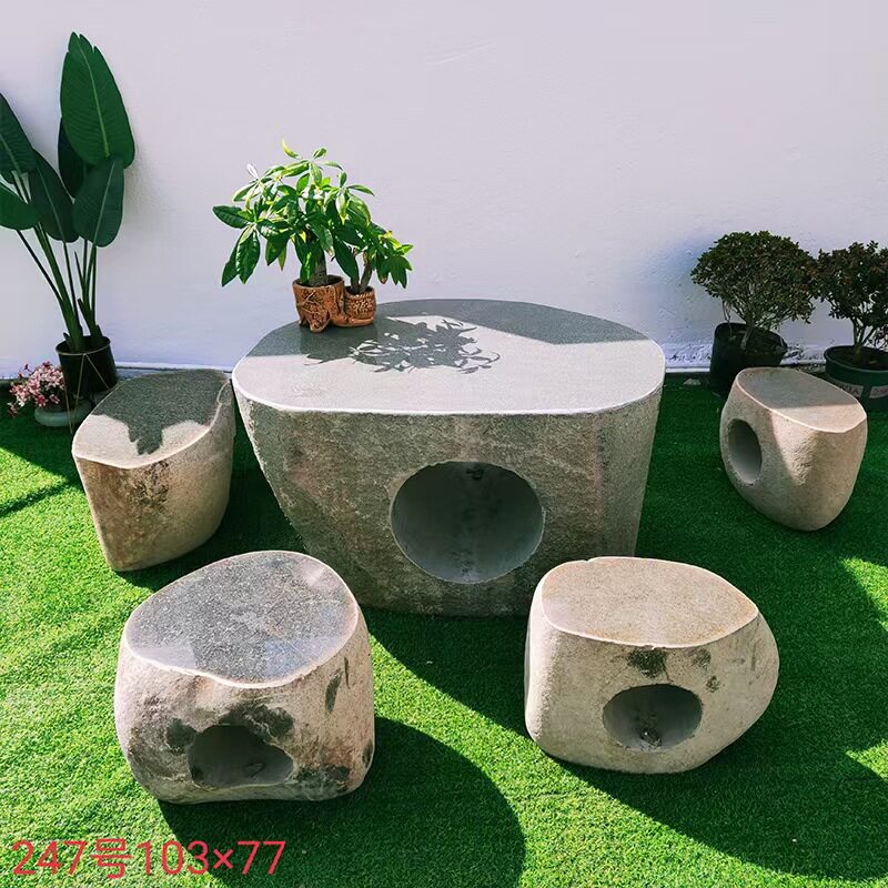 石桌石凳厂家庭院花园别墅公园茶台茶桌鹅卵石青石头桌子户外家用