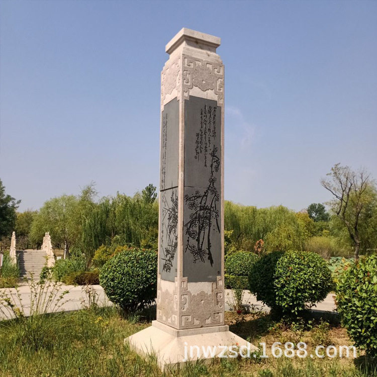 红石景观柱图片大全 花草浮雕石头方柱加工厂 景区石雕柱子多少钱
