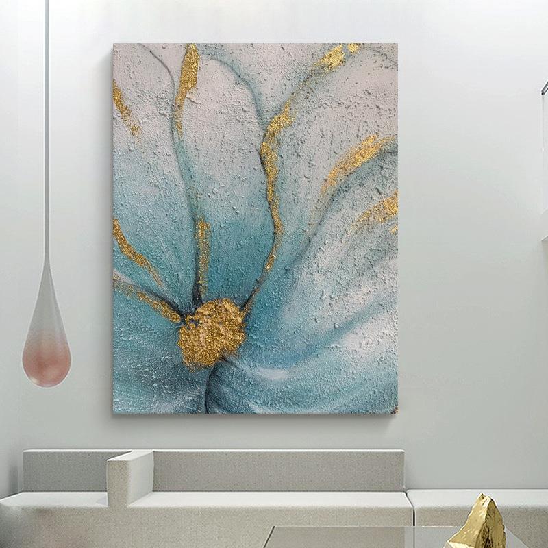 餐厅简约花卉肌理装饰画客厅纯手绘蓝色香草油画玄关轻奢砂岩挂画