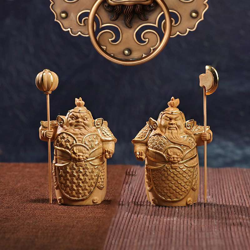 黄杨木雕哼哈二将门神摆件木质中式家居客厅Z宅装饰桌面神像