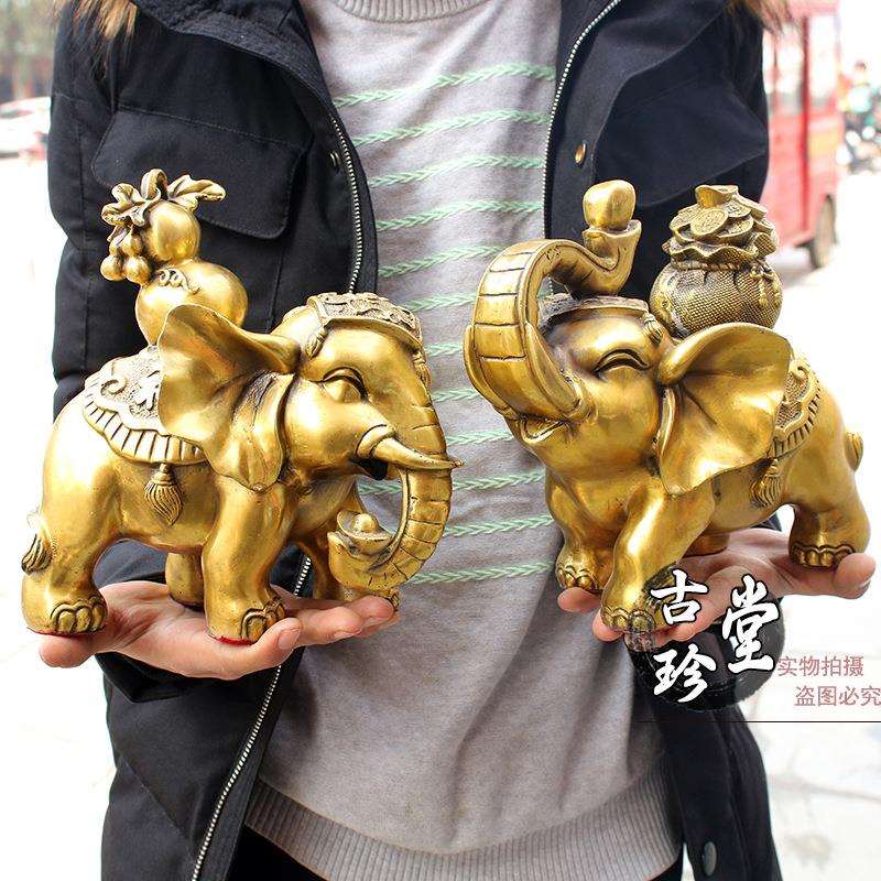 纯铜大象摆件驮葫芦钱袋一对财福招财象家居办公室工艺品摆饰